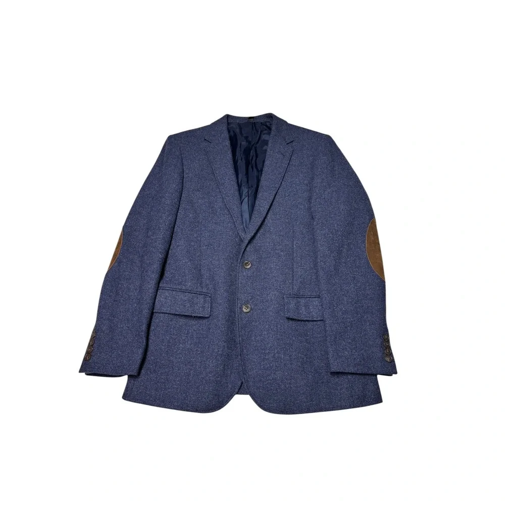 J. Crew Mens 38R Blue Wool Blend Blazer Sport Coat Suede Elbow Patches
